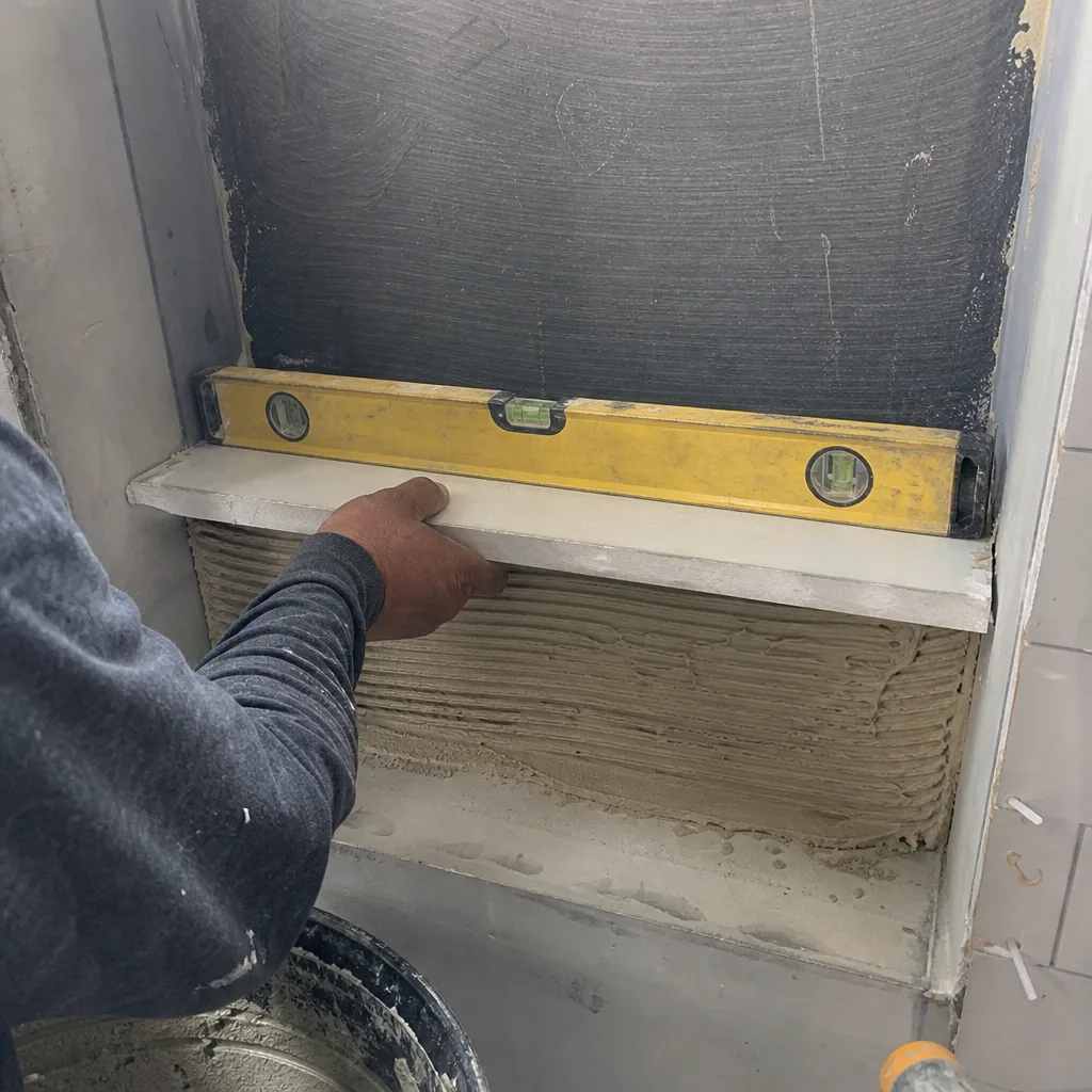 professional contractor installing a custom stone shelf in a bathroom