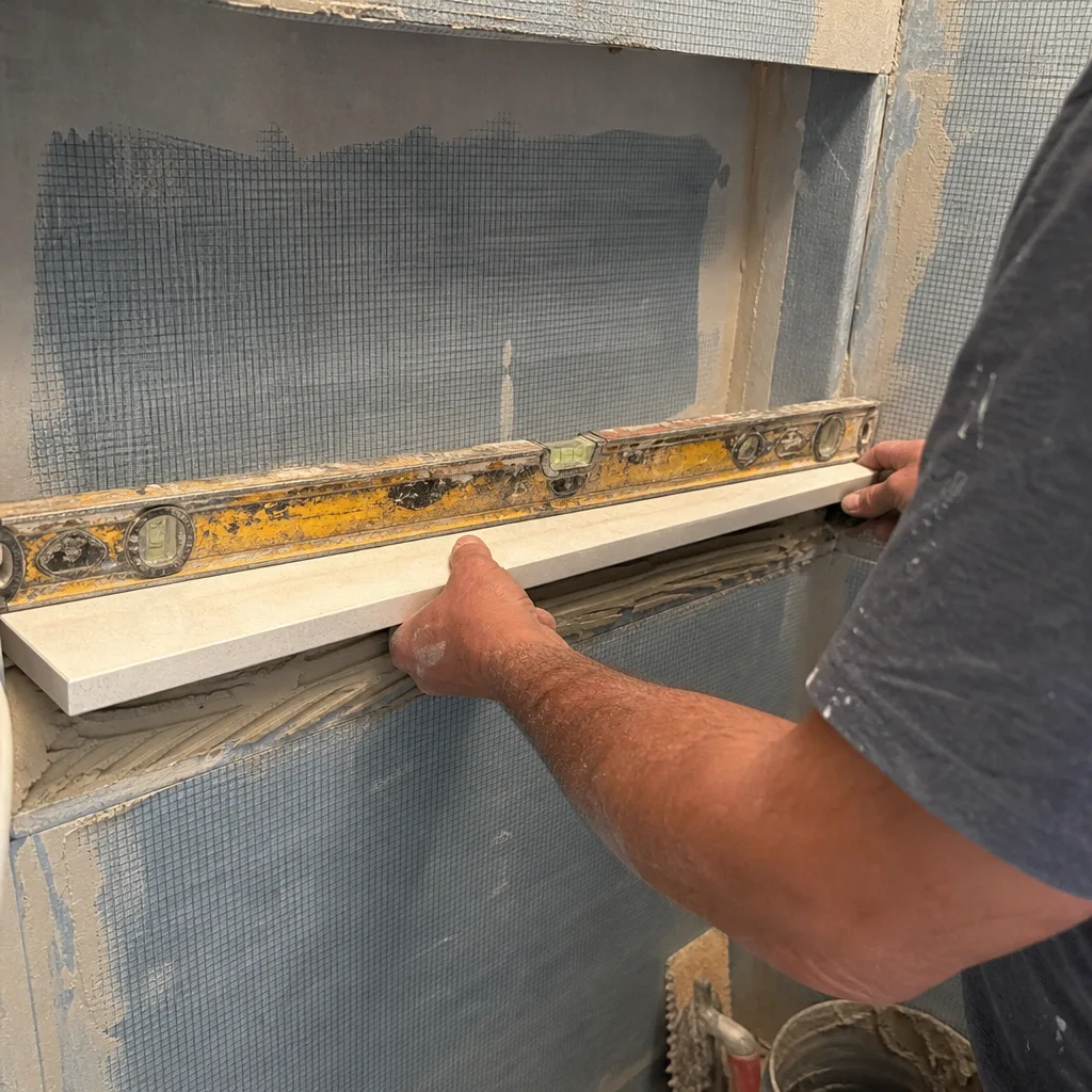 Contractor installing a bathroom shower shelf using a spirit level