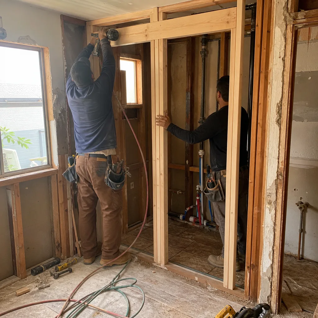 Two construction workers framing a new bathroom wall