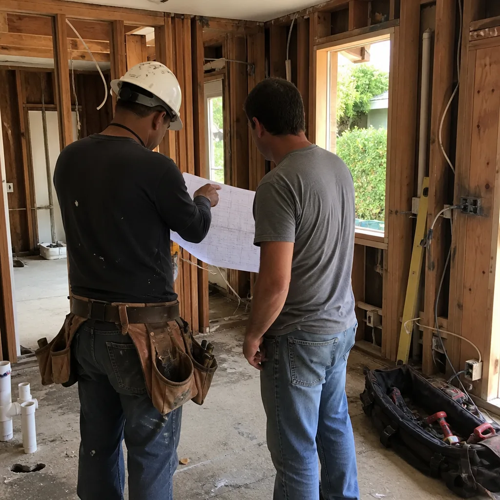 General contractor reviewing construction blueprints with a client in a renovation site