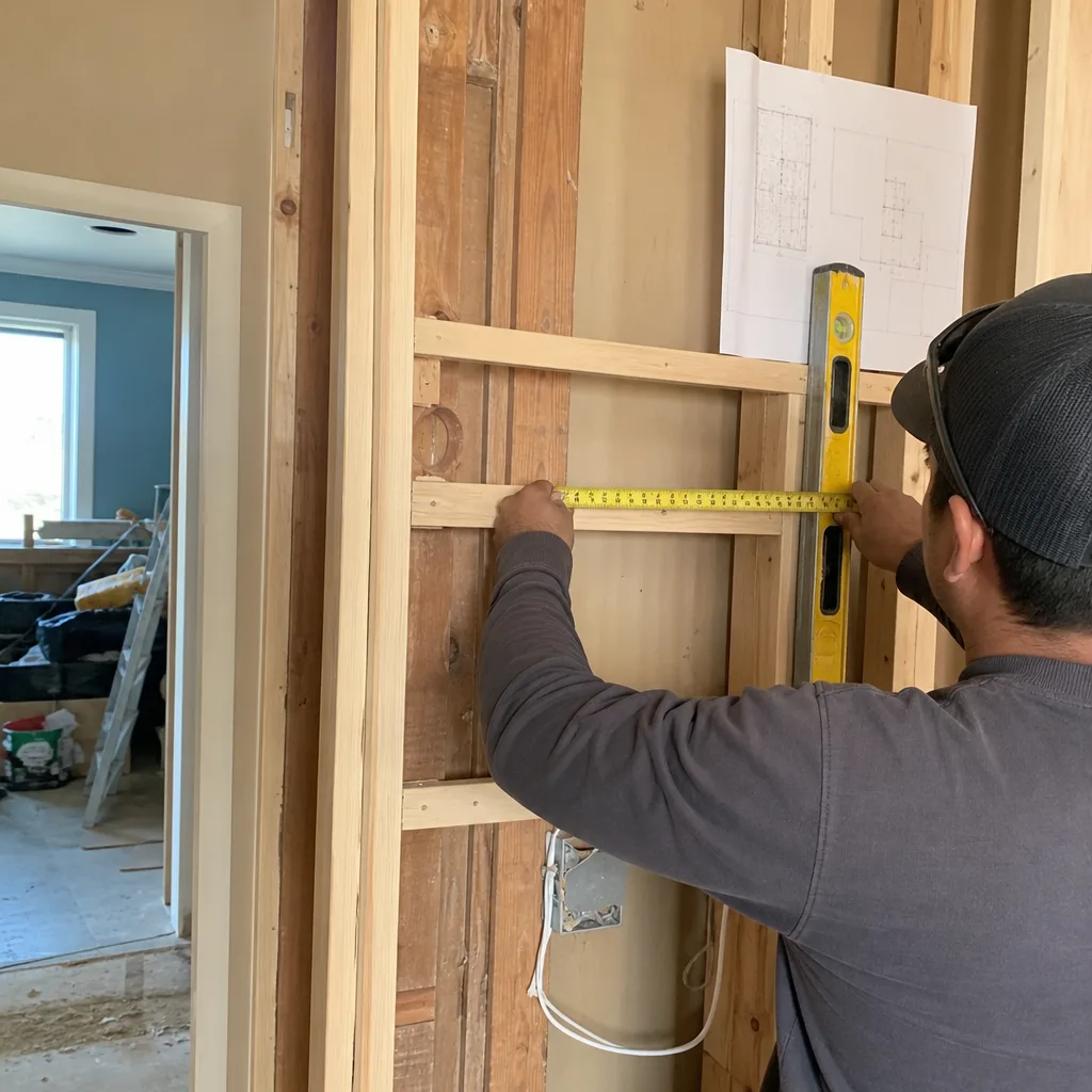 General contractor measuring wooden wall framing during home renovation construction