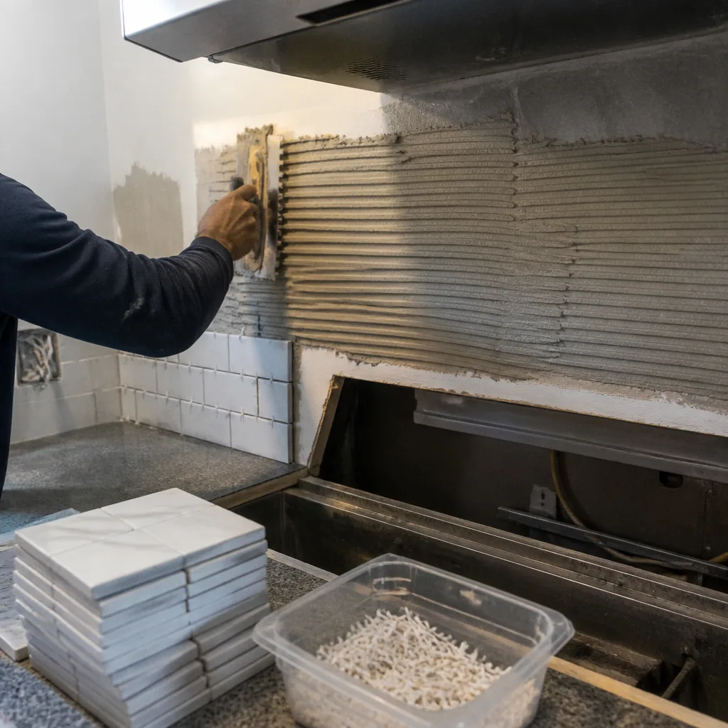 Contractor applying mortar for kitchen backsplash installation