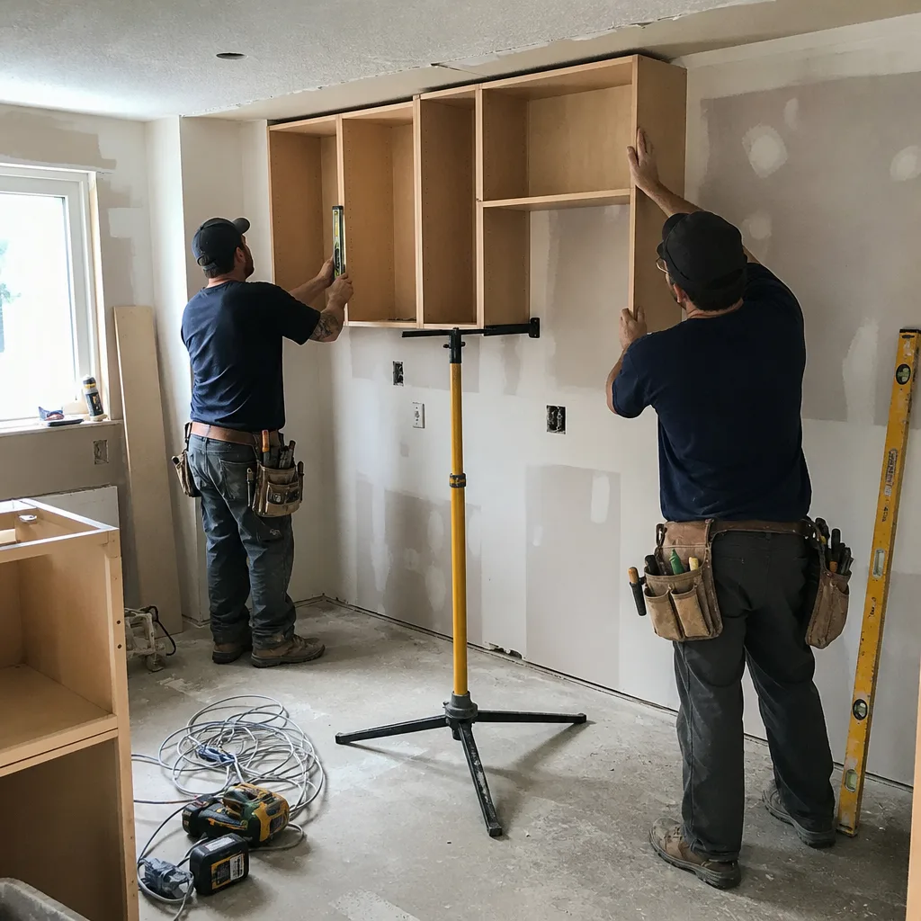 Two contractors installing wooden kitchen cabinets on a residential wall
