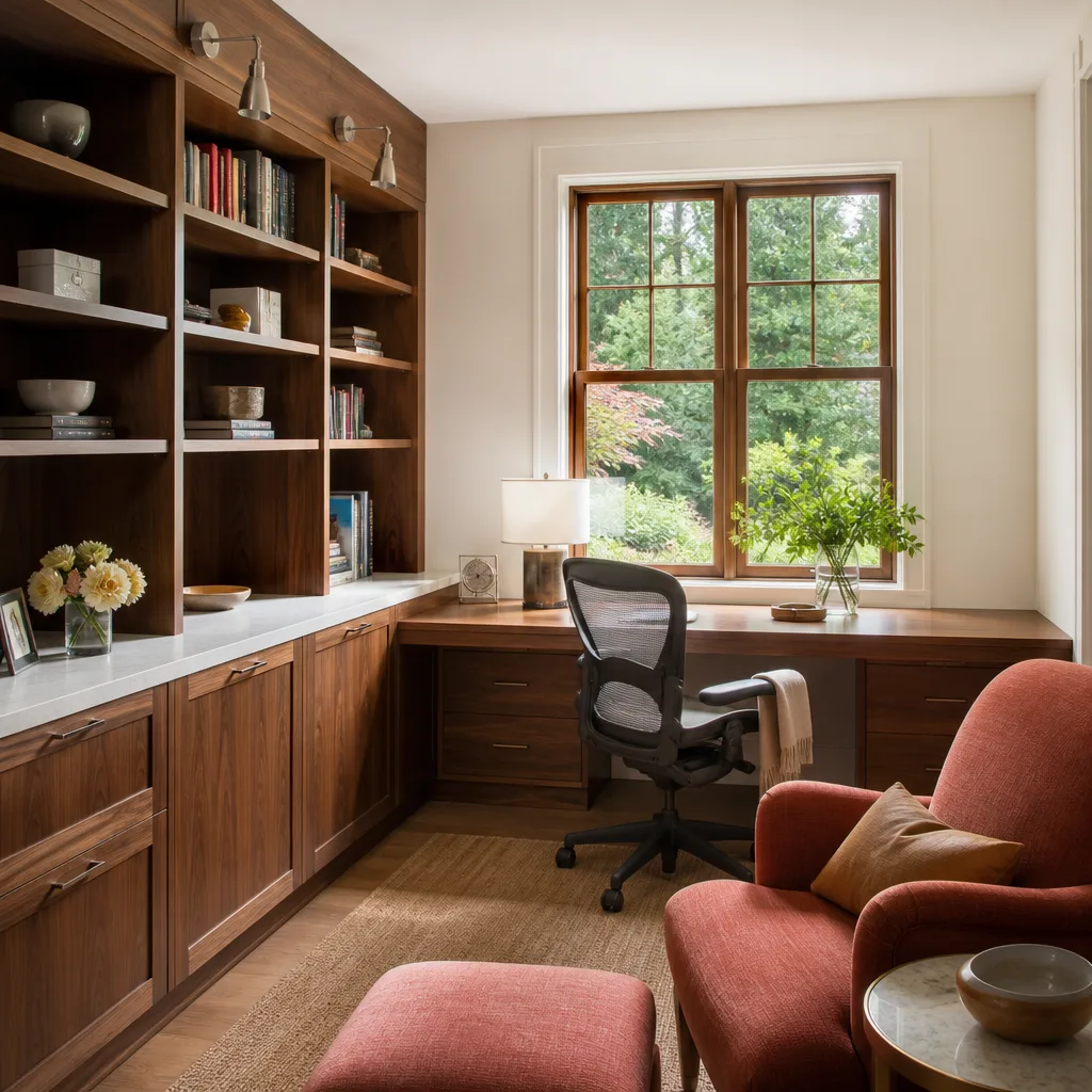 A home office with a built-in desk and shelves
