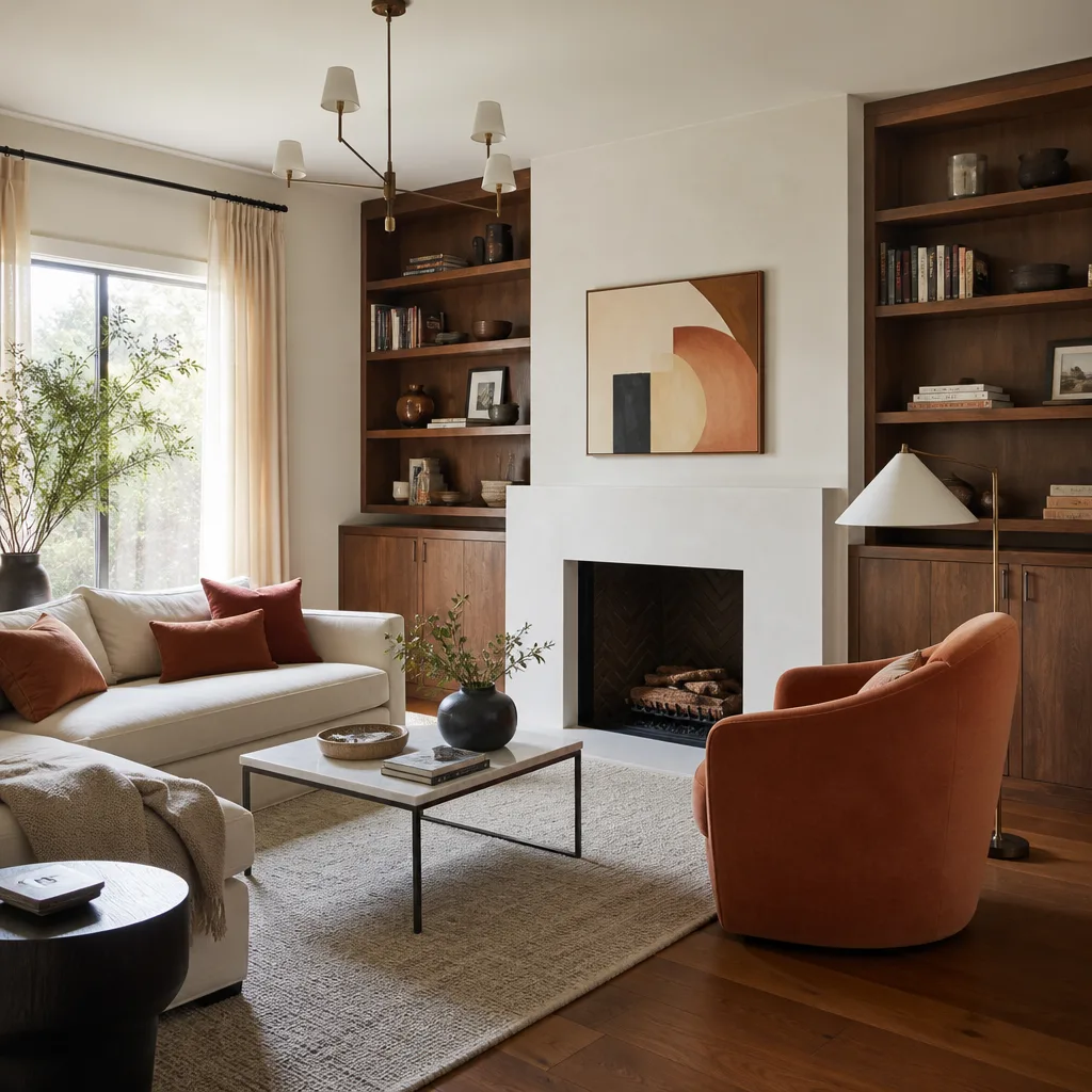 A remodeled living room with built-in shelves around the fireplace