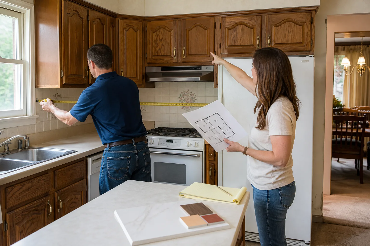 A project lead measuring a kitchen with the homeowner during a free estimate